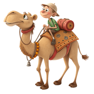 Tourist riding a camel through a desert landscape during a wellness adventure travel experience