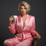 Person in a pink satin suit seated calmly with a cup in hand, embodying elegance and presence—symbolizing the grace and intention behind mindful eating.