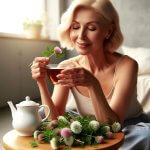 Woman with short blonde hair enjoying herbal tea indoors, with a white teapot and fresh clover flowers on a wooden table.