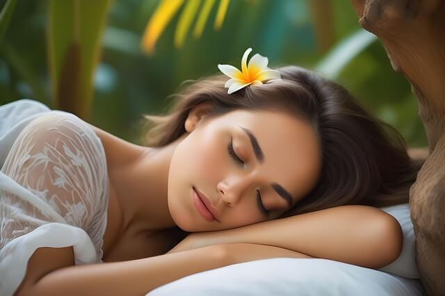 Person peacefully sleeping outdoors with a flower tucked behind the ear, surrounded by lush greenery—evoking natural tranquility and restful wellness.