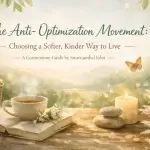 Soft, calming blog banner for “The Anti-Optimization Movement” featuring a warm nature-inspired scene with herbal tea, a lit candle, stacked stones, and misty mountains symbolizing slow living and gentle wellness.