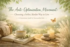 Soft, calming blog banner for “The Anti-Optimization Movement” featuring a warm nature-inspired scene with herbal tea, a lit candle, stacked stones, and misty mountains symbolizing slow living and gentle wellness.