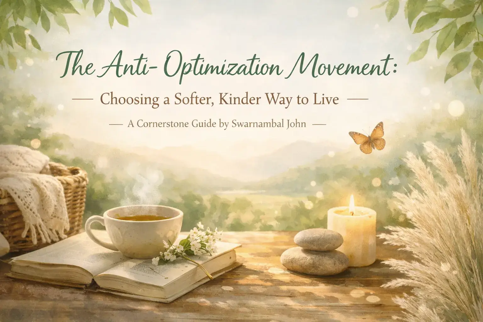 Soft, calming blog banner for “The Anti-Optimization Movement” featuring a warm nature-inspired scene with herbal tea, a lit candle, stacked stones, and misty mountains symbolizing slow living and gentle wellness.