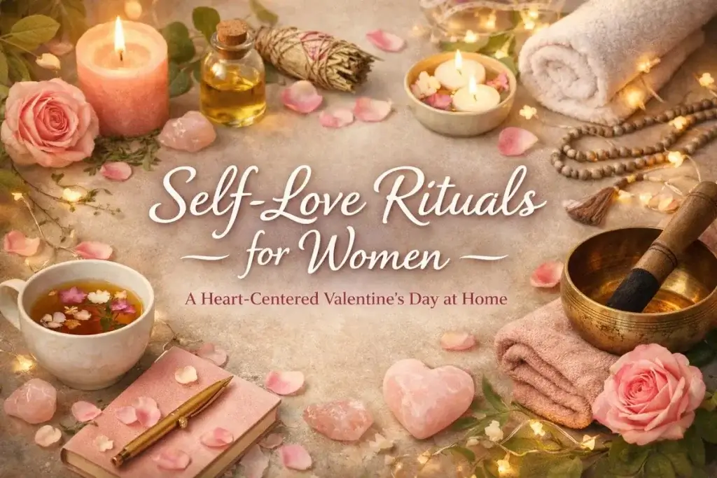 “Self-Love Rituals for Women featured image with candles, herbal tea, rose petals, essential oils, and journal arranged in a warm, cozy Valentine’s Day setting.”