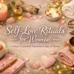 “Self-Love Rituals for Women featured image with candles, herbal tea, rose petals, essential oils, and journal arranged in a warm, cozy Valentine’s Day setting.”