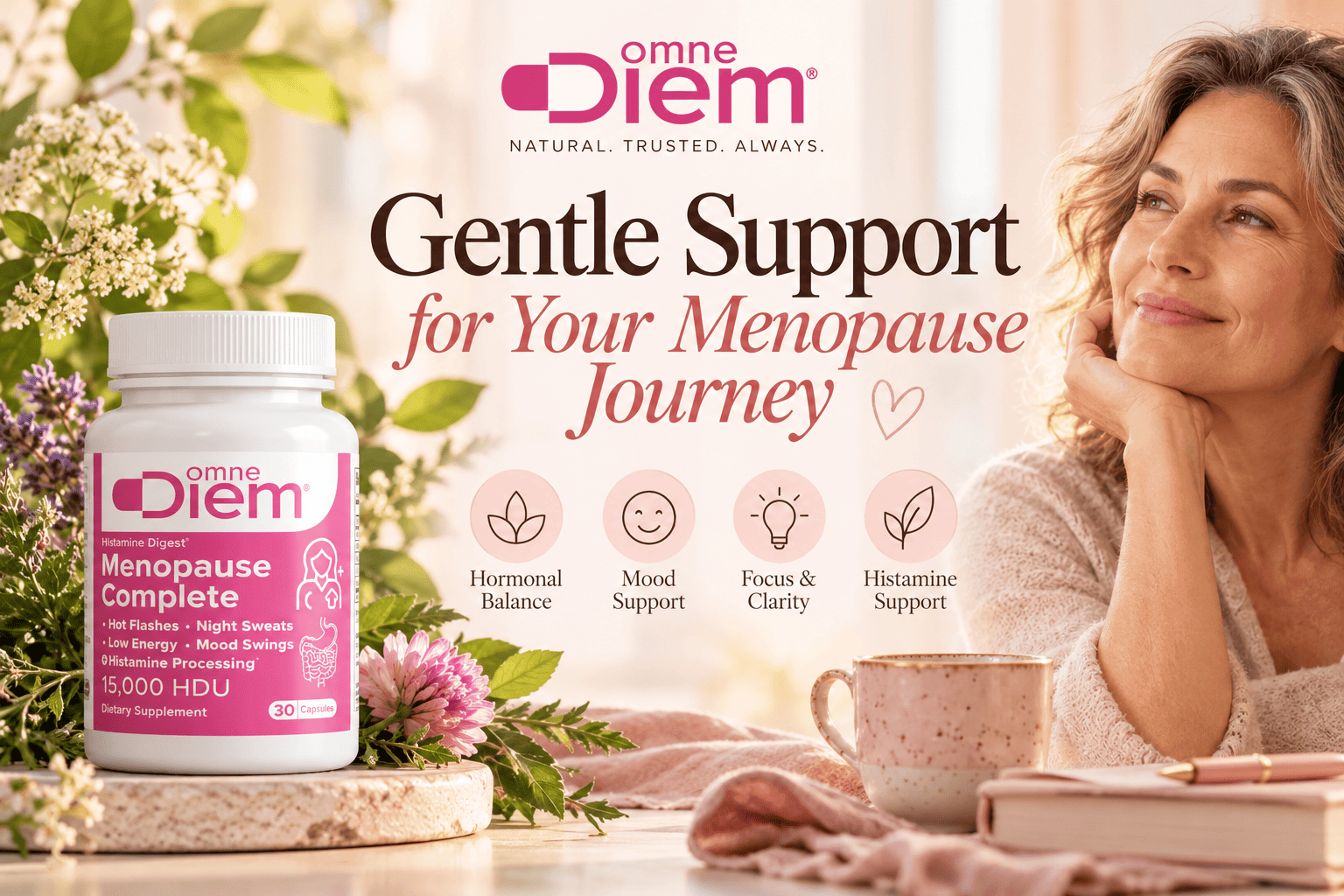 OmneDiem Menopause Complete with gentle menopause support for hormonal balance, mood, focus, clarity and histamine support.