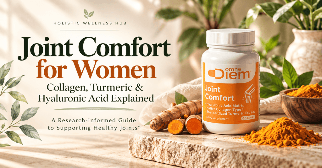 OmneDiem Joint Comfort bottle beside fresh turmeric root and capsules