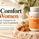OmneDiem Joint Comfort bottle beside fresh turmeric root and capsules